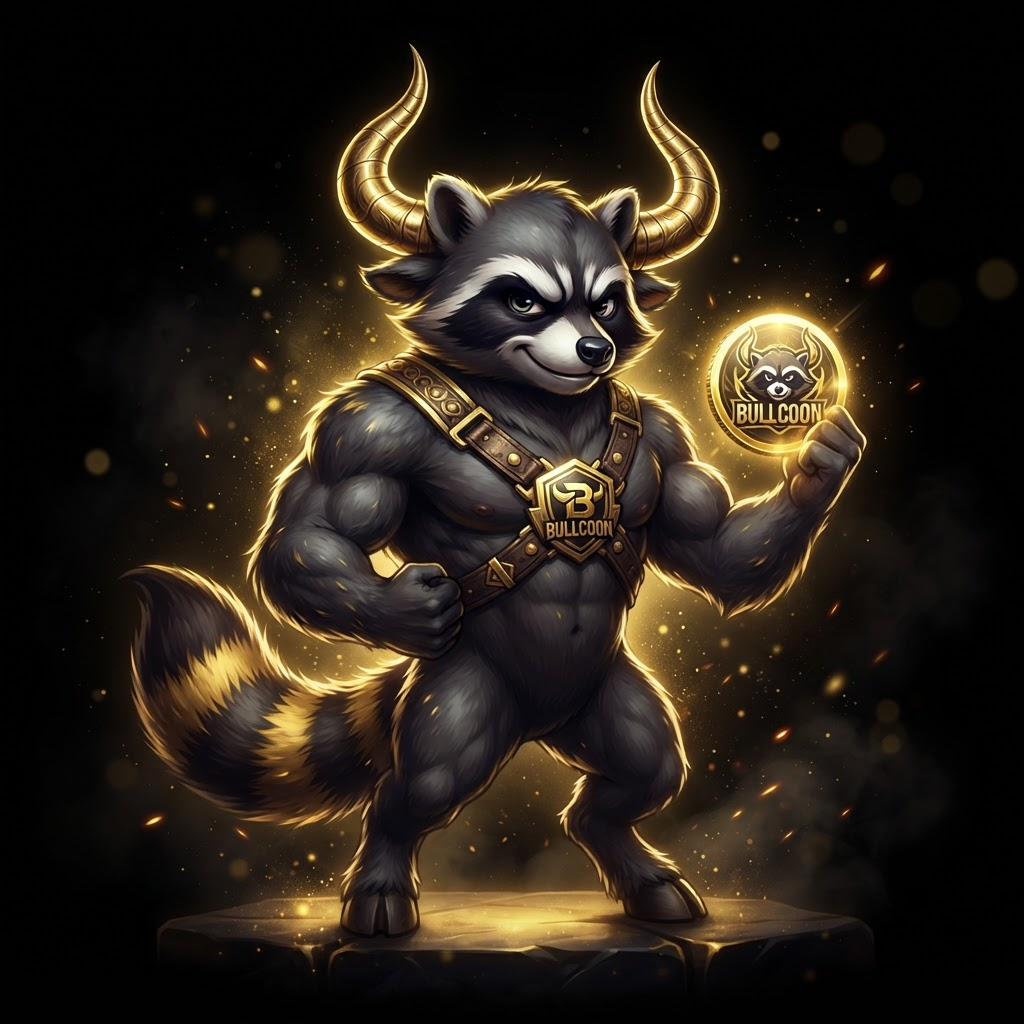 RacoonBull mascot — a half raccoon, half bull creature with golden horns
